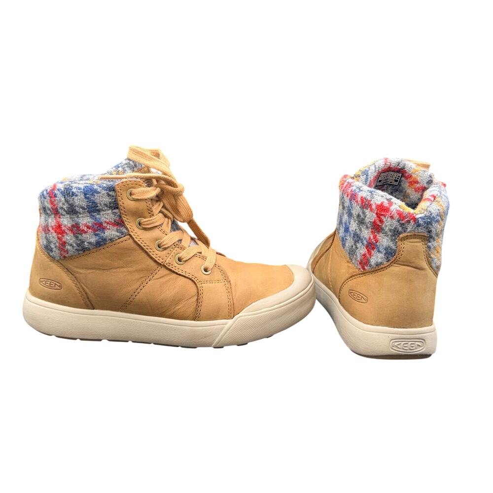 KEEN Elsa II Sneaker Boot Womens 8 Tan Leather Plaid Wool Insulated
